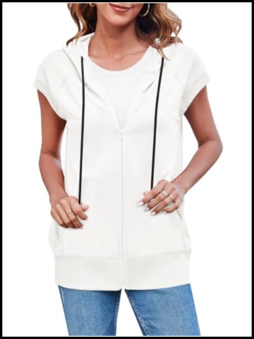 Sleeveless Zip Up Hoodie Loose Fit Drawstring Vest with Pockets